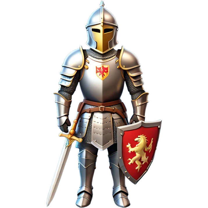 Clash of Clans aesthetic: Cinematic heroic Armored Knight Hero Emoji, rendered in a 3D vector-style similar to standard emojis with minimal shading and bold, simplified shapes. A compact, isometric warrior clad in gleaming plate armor with intricate heraldic details, softly glowing with a chivalrous medieval charm. Simplified yet unmistakably iconic, highly detailed and consistent, glowing with a soft radiant shine and high polish. Stylized with a touch of noble valor and a soft glowing outline, wearing a full face helm so that no face is visible with only eyes visible, capturing the essence of a gallant knight ready for honorable battle with a friendly, playful manner! emoji