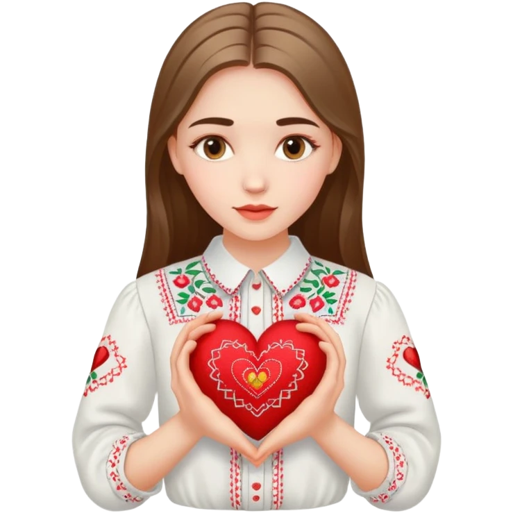 Beautiful young girl in a white Ukrainian embroidered shirt holds a large embroidered heart in her hands emoji
