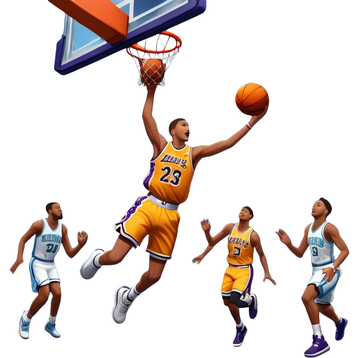 An icon showing a basketball court with players in action, inspired by NBA 2K25. A player jumps for a dunk, the ball mid-air, surrounded by a vibrant basketball arena with cheering fans and bright lights. Transparent background emphasizes the intense atmosphere emoji