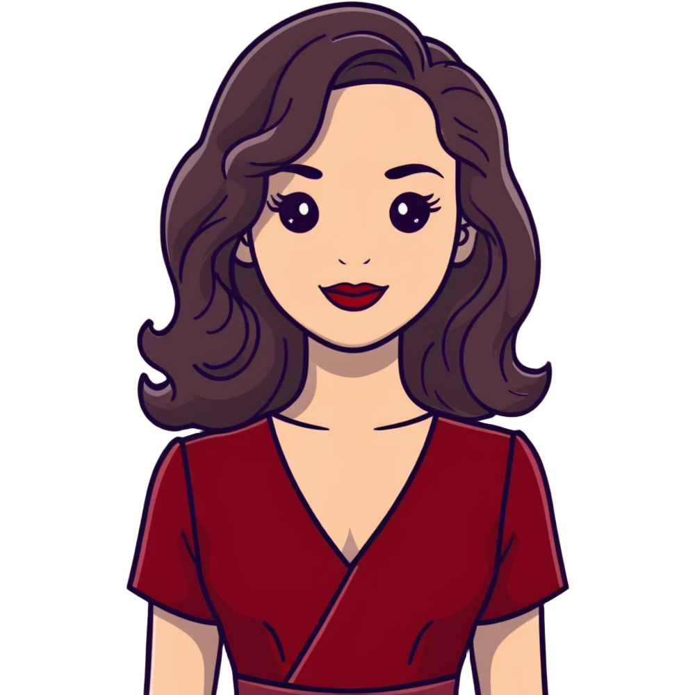 Elegant high-profile woman with glowing fair skin, long dark straight hair with soft waves, large dark eyes with dramatic makeup, defined eyebrows, full red lipstick, wearing wine red velvet dress with V-neckline, glamorous confident smile emoji