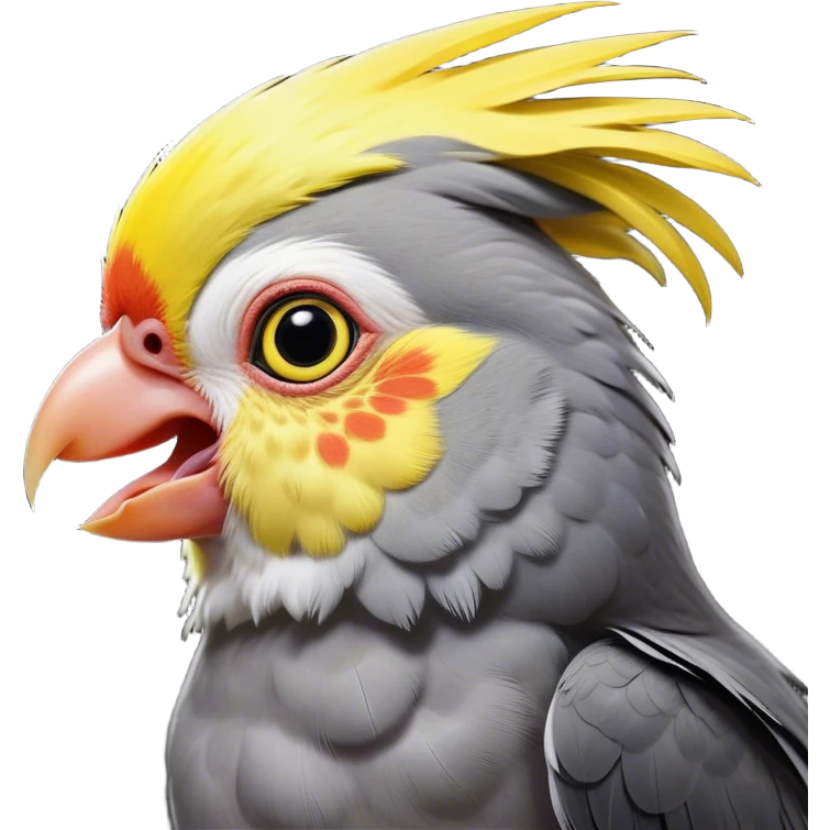 Cinematic Comical Cockatiel Portrait Emoji, Head tilted dramatically with an exaggeratedly amused expression, featuring a striking grey fur with bold yellow accents and a flamboyant crest, wide, expressive dark eyes filled with playful disbelief, Simplified yet hilariously expressive features, highly detailed, glowing with a slightly sassy glow, high shine, dramatic yet playful, stylized with an air of cheeky mischief, bright and endearing, soft glowing outline, capturing the essence of a spirited and over-the-top cockatiel, so meme-worthy it feels like it could side-eye its way into internet fame instantly! emoji