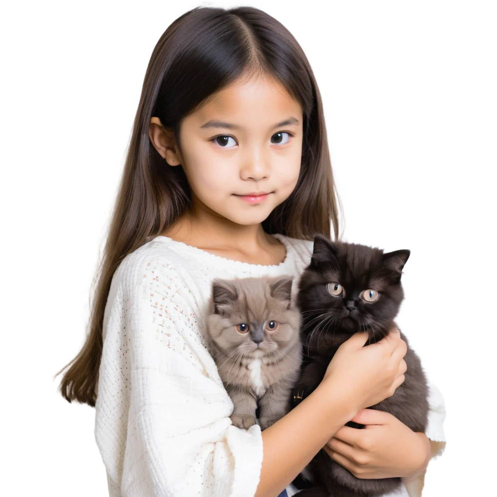 brunette chinita girl holding a brown holland lop rabbit, gray persian cat, and black kitten emoji
