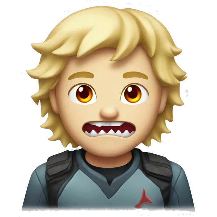 a boy with blond hair, red eyes and shark teeth with an angry smile emoji