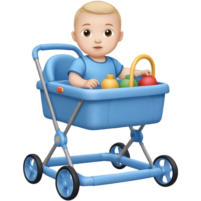 blue baby walker with toys on  it and baby is sittting emoji