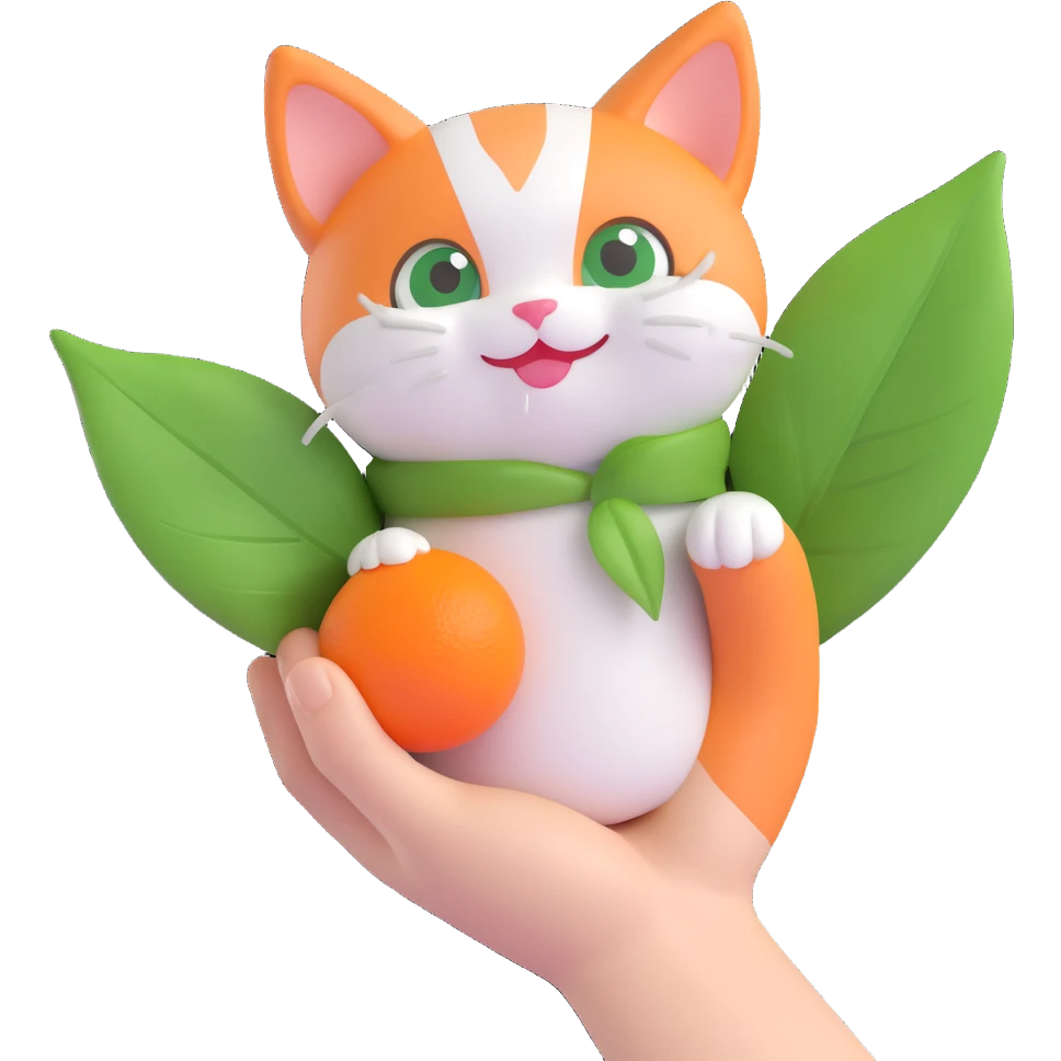 3D iOS style hand holding a small round orange and white cat wrapped in a green leaf, cute happy face emoji