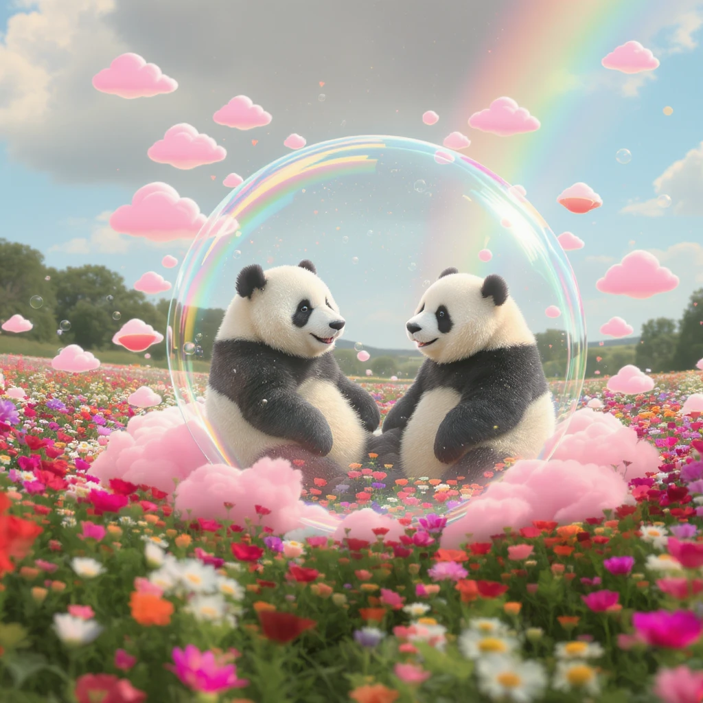 Cinematic still pandas bears sitting inside bubbles flying over field full of flowers, sunny summer day, happy vibe, colorfull surround, rainbow, small cute pink clouds around, minimalisic emoji