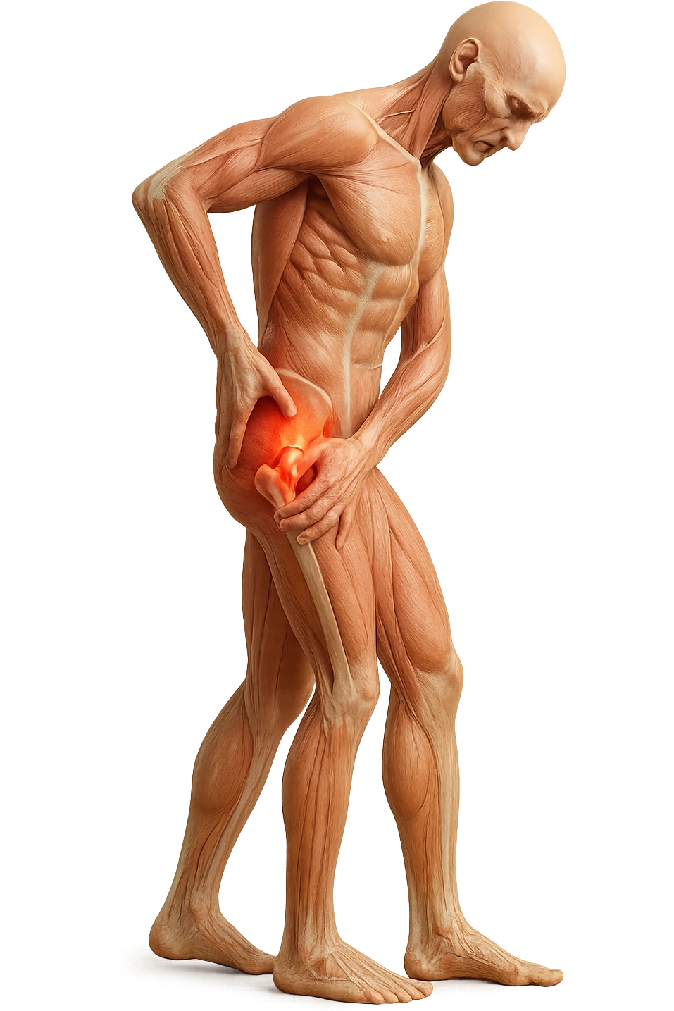 CORPO UMANO ANATOMICO DI PROFILO A FIGURA INTERA REALISTICO CHE SI TOCCA L'ANCA INFIAMMATA, DOLORE ALL'ANCA, IPERREALISTICO 4K emoji