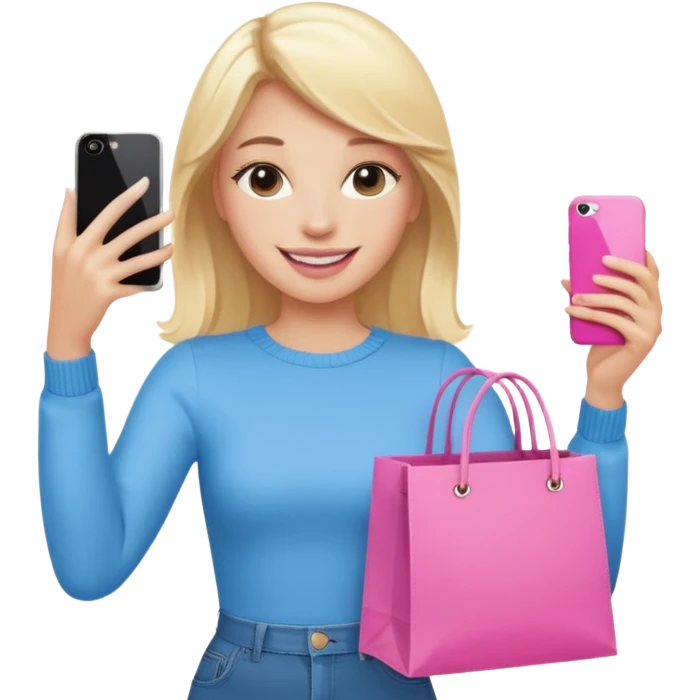 Blond influencer taking selfie with an iphone with one hand and a pink shopping bag in the other hand emoji