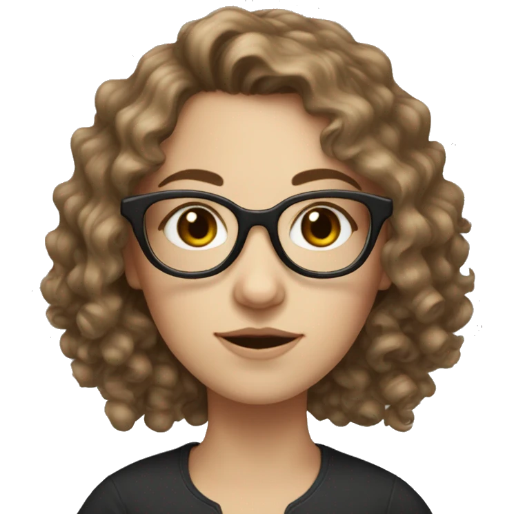 White girl with octagon glasses and brown, curly hair emoji