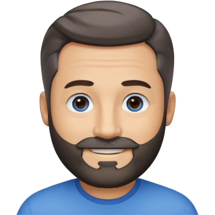 A middle-aged man with a medium black and gray beard, short dark hair cut to the scalp on the sides and combed back on top, blue eyes, smiling emoji