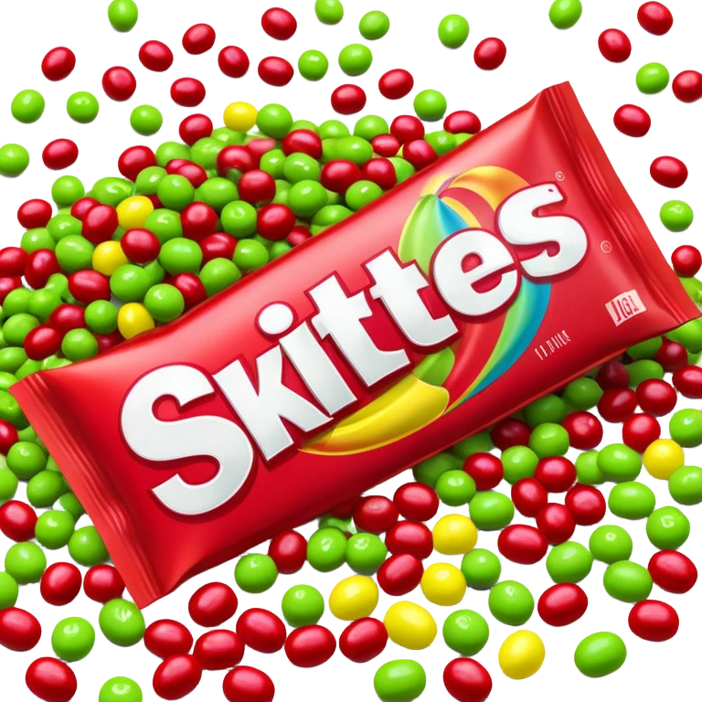 Original red Skittles package opened with logo visible, with only lime green Skittles candies spilling out, no other colors of candy emoji