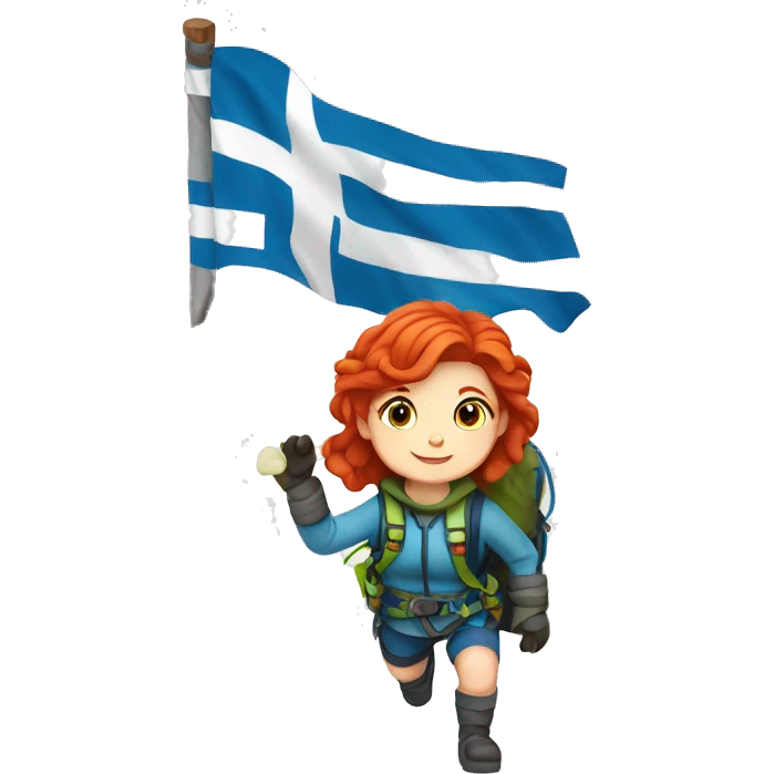 Female winter mountain climber red hair white skin climbing with Greek Flag and Easter eggs basket emoji