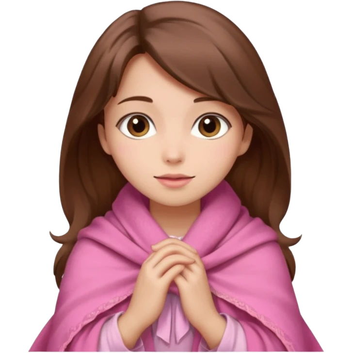 A girl with brown hair, wearing a pink shawl, has beautiful features and her hand rests on the shawl. emoji