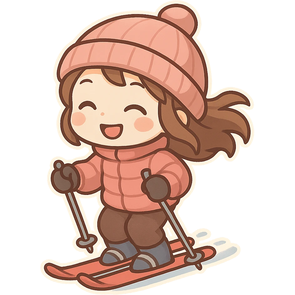 一个正在滑雪的小女孩，穿着粉色的羽绒服，戴着一顶可爱的小帽子，开心的滑雪 emoji