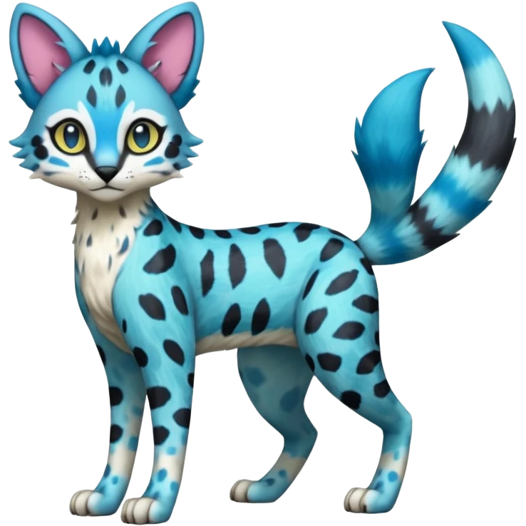 Colorful Meloetta-Sergal-Vernid-Serval-Civet-Genet-Pokémon-Digimon-Fakémon-fusion-hybrid-creature with Cyan stripes and blue leopard-spot-markings  emoji