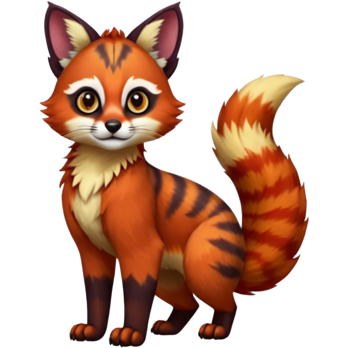 Colorful dark tropical exotic cute cool beautiful shiny beautiful fantasy-caracal-civet-genet-serval-Gryphon-Cacomistle-Trico-Red-Panda-oncilla-animal-Fakémon-hybrid-fursona (full body) emoji