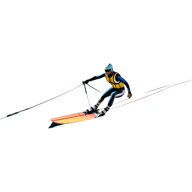 An icon showing water skis on the surface of the water, with ski ropes trailing behind. In the background, a boat fades into the distance, leaving a wake. The focus is on the skis gliding across the water. Transparent background highlights the thrill and speed of water skiing. emoji