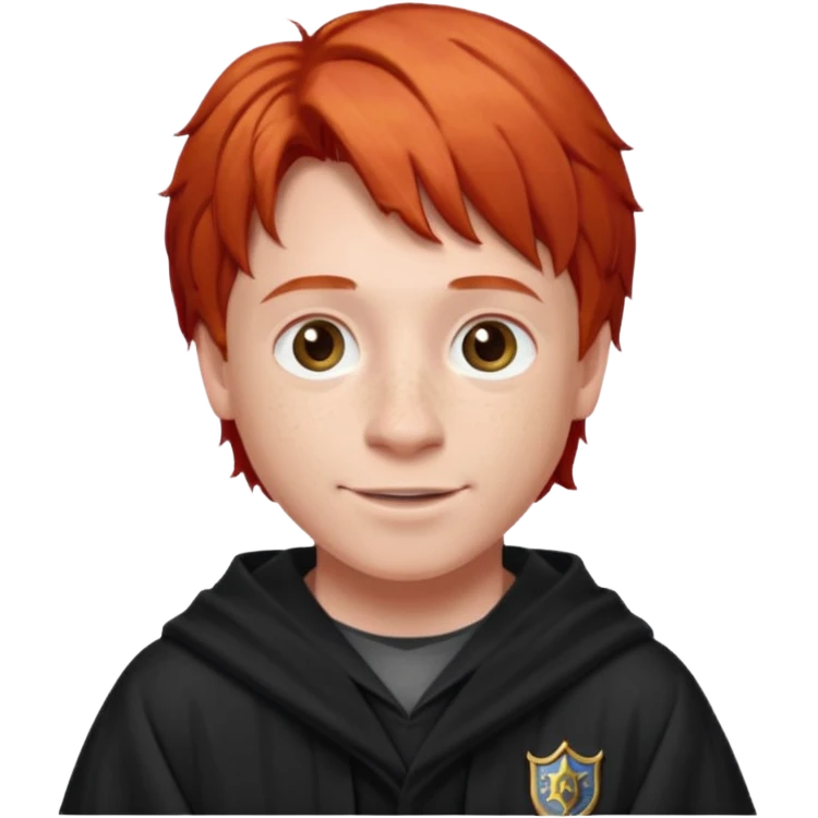 Create a realistic portrait of Ron Weasley with red hair, freckles, Hogwarts robe & warm smile. emoji