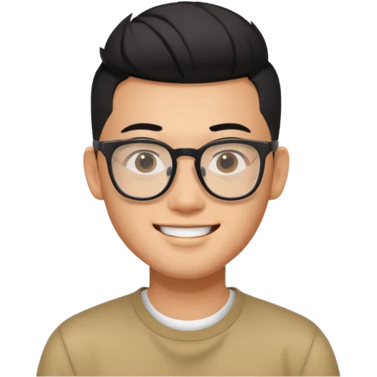 smiling Asian guy with black undercut hair, shaved sides, square frame glasses, modern and youthful emoji