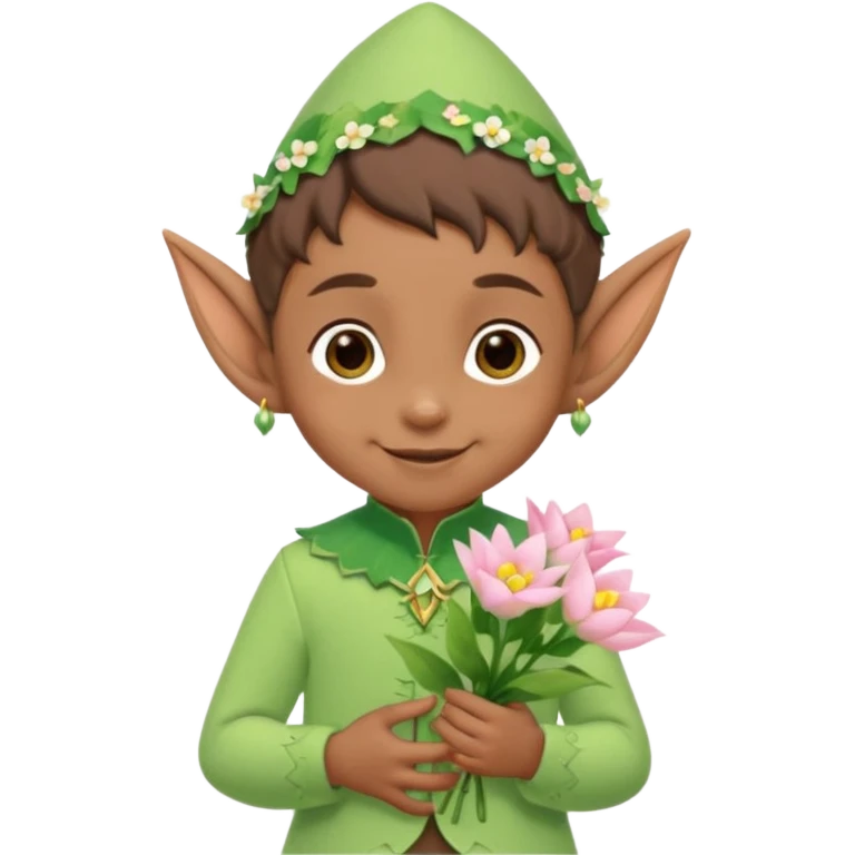 Tiny elf baby brown skin with pointy ears and hat, pastel green outfit, hold flowers emoji