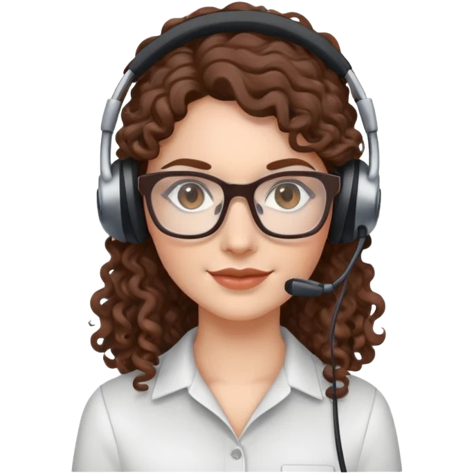 White female  Long Brown curly hair  Dark brown eyes  Square glasses  Headset  emoji