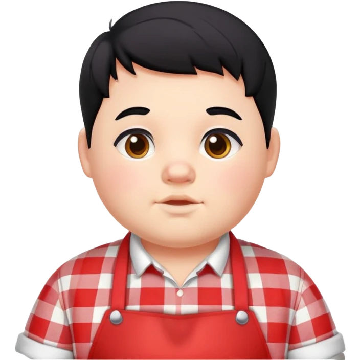 chubby boy with black hair styled upward in front, wearing a red and white checkered plaid apron emoji