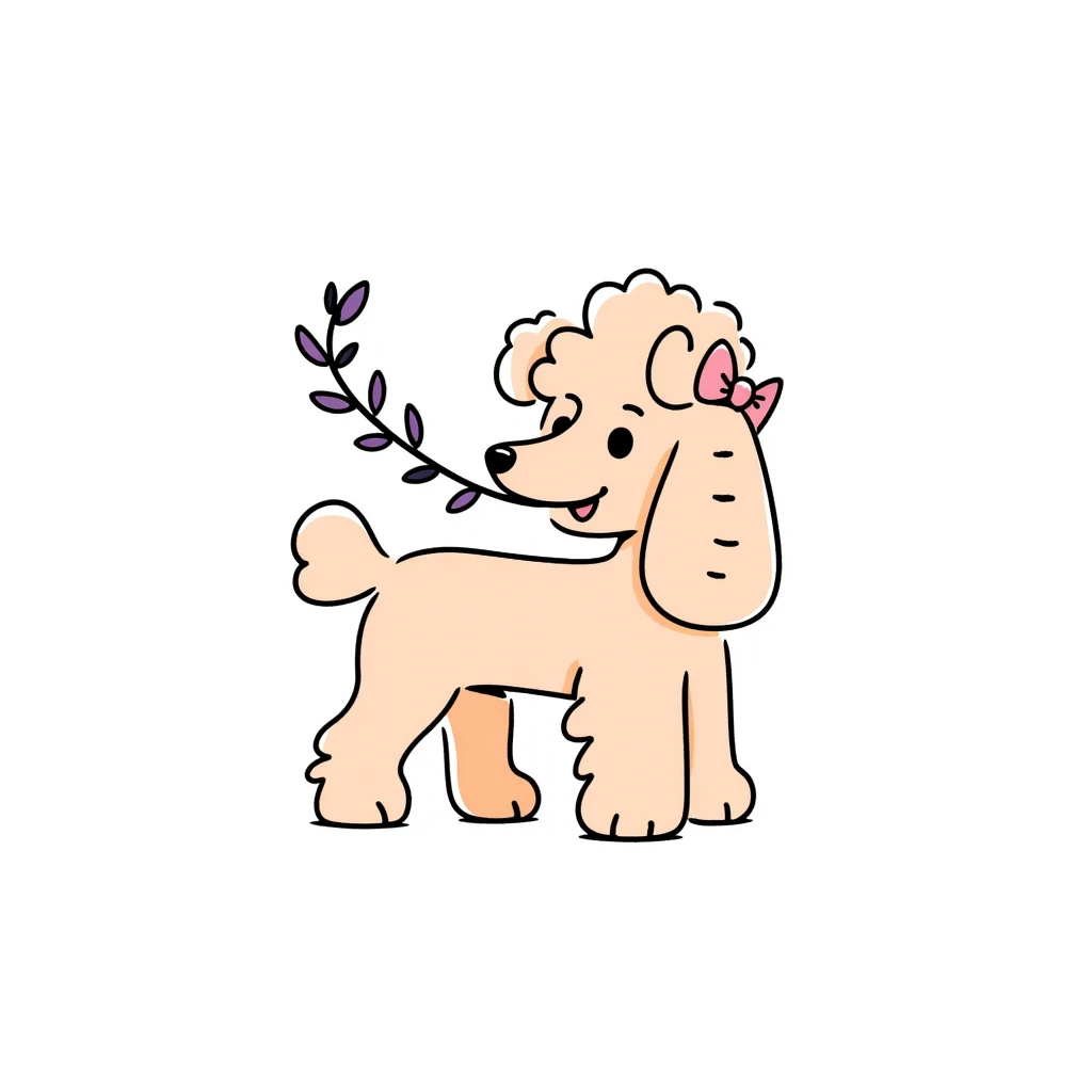 Peach-colored poodle with a narrow, short-haired face, hairstyle like Artemone. Long fluffy ears, each with a thin braid tied with a pink bow at the end. Happy face, smiling. A lilac branch in the mouth. emoji
