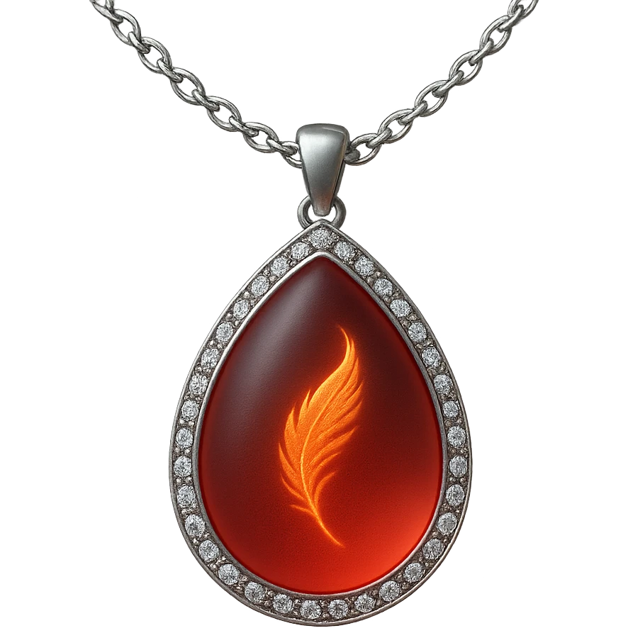A teardrop ruby pendant with fiery light, a tiny phoenix feather emerging, haloed by shimmering white stones, and a silver chain like liquid moonlight emoji