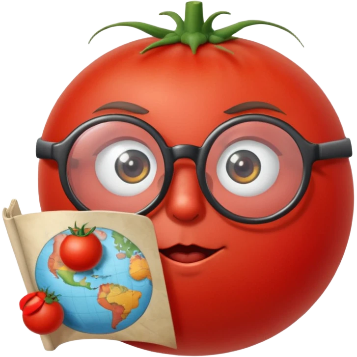 tomato with big round glasses, long eyelashes, bow, studying a map emoji