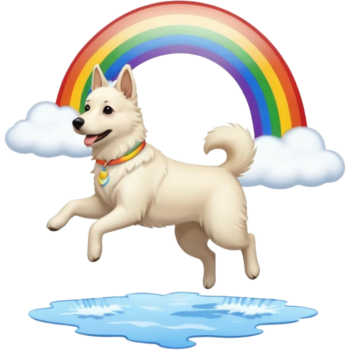 White belgian Shepard jumping over Rain puddles. There is a rainbow in the sky emoji