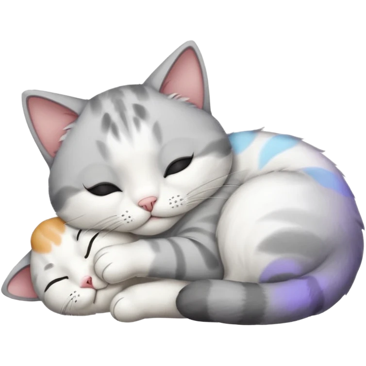 1 grey and white small cat with his eyes closed lying down leaning on his elbow with his paw curled under his head holding it up emoji