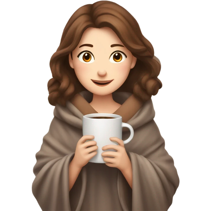 A cozy, heartwarming illustration of a beautiful girl with fair skin and brown hair, sitting comfortably under a soft blanket. She is holding a steaming cup of coffee with both hands, exuding warmth and relaxation. emoji