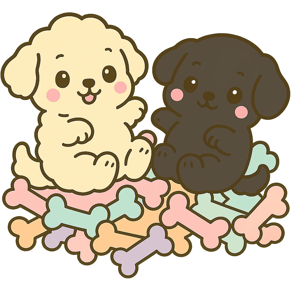 Change the small dog to a true black color, keeping the kawaii chibi style and transparent background. Leave the large dog and the pile of colorful bones unchanged. emoji