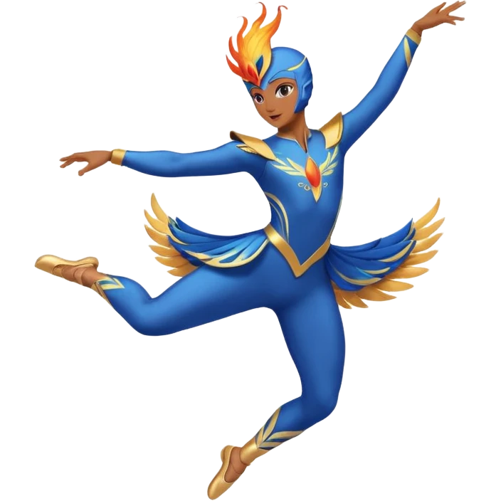 lyrical dancer in blue costume performing firebird jump emoji
