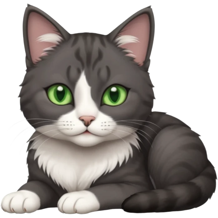 beautiful female solid dark grey cat with green eyes, white toes/paws and white patch on her chest lying down emoji
