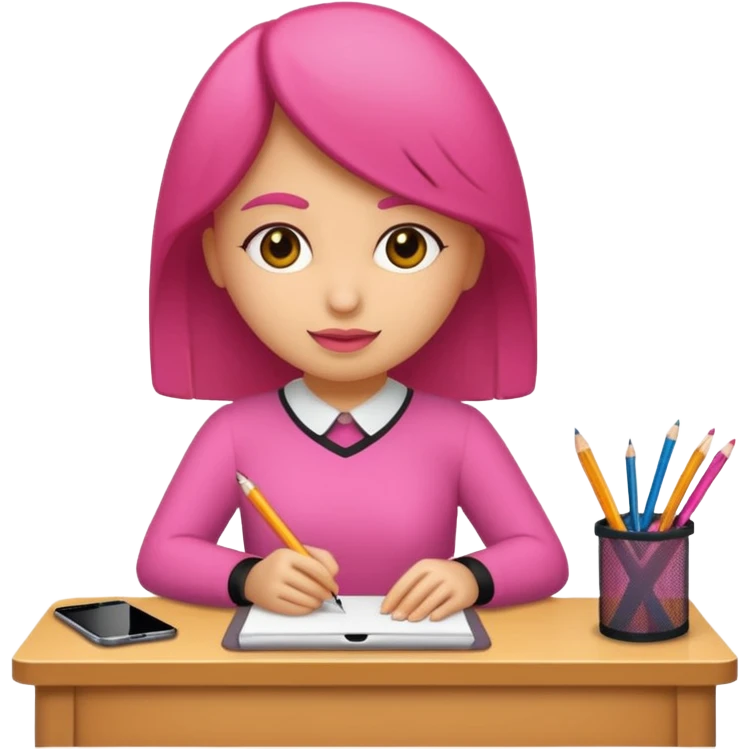 chica rosa pensando ideas con un escritorio emoji