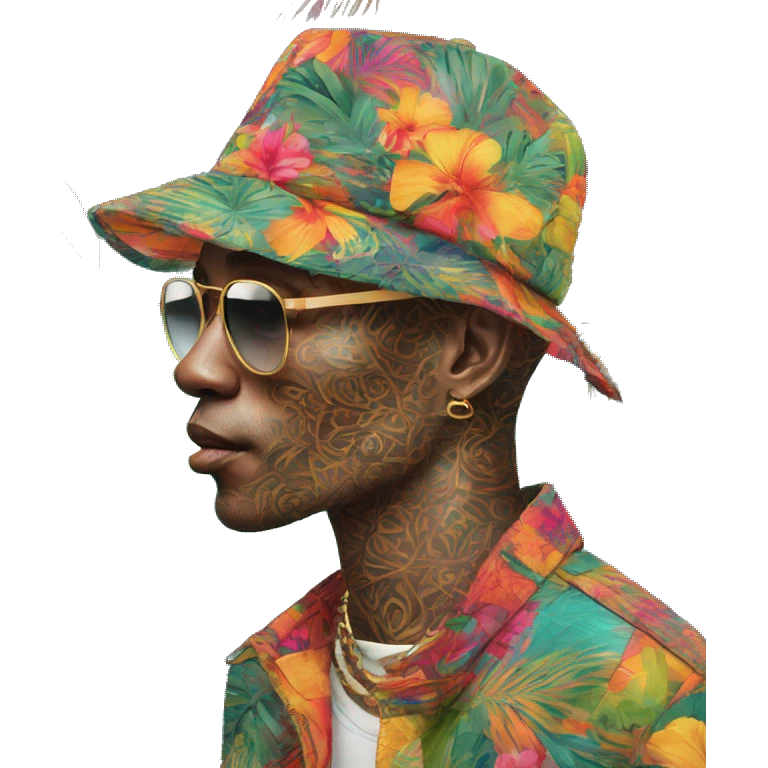 Person vaping wearing a colourful vibrant tropical patchwork of intricate vintage patterns, vape emoji