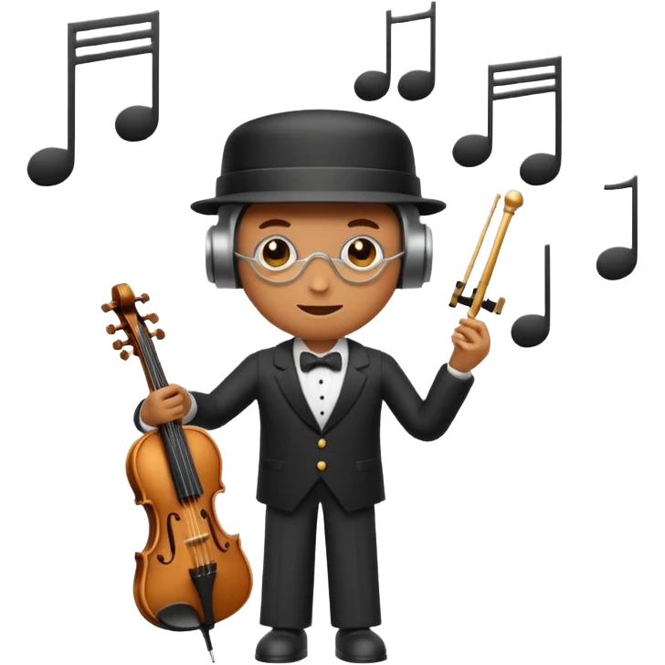 robot a sophisticated and elegant emoji that represents orchestration and arrangement. The design should feature a conductor’s baton, musical notes, and a symphonic score, symbolizing the process of arranging and orchestrating music. Incorporate instruments like a violin, trumpet, emoji