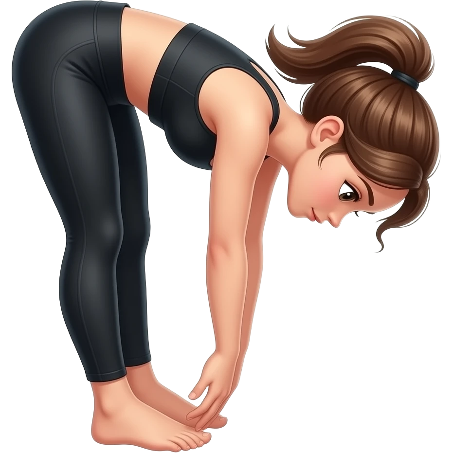 girl wearing all black workout top and blakc leggings standing and bending down to touch toes stretch both feet together emoji