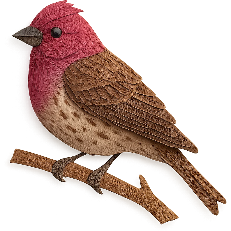 very detailed purple finch perched on a tree branch, intricate cut paper textures, raspberry-red head and chest, brown streaked body, realistic feathers emoji