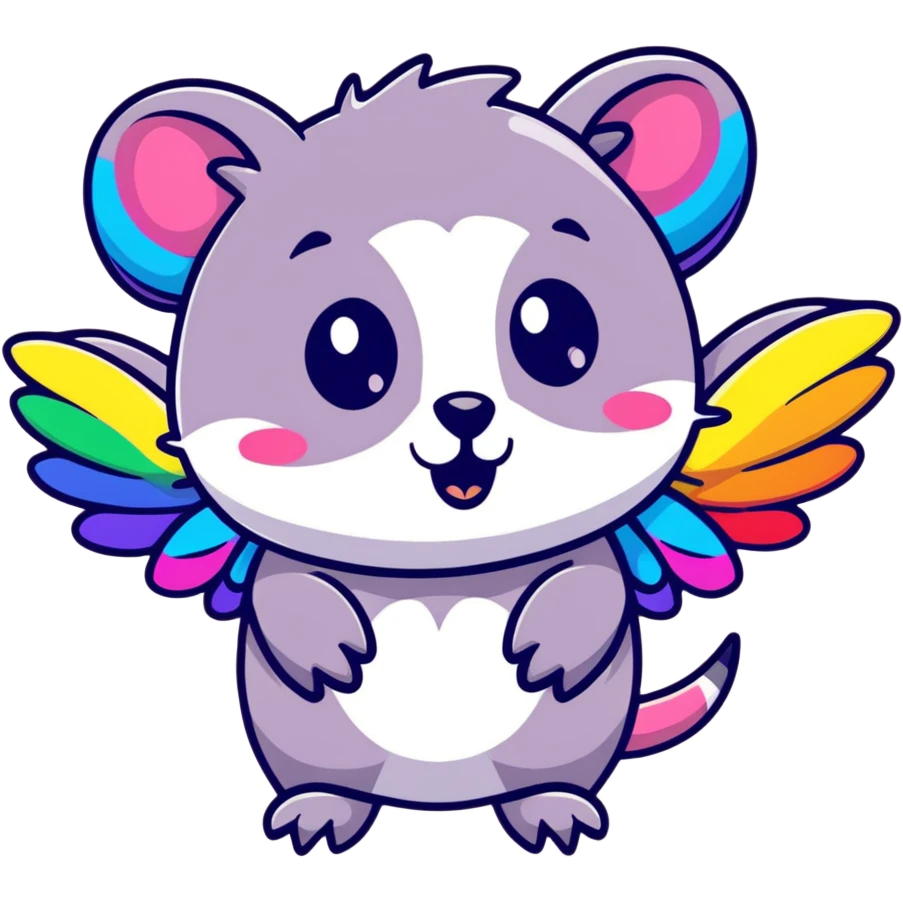 colorful possum with rainbow wings, sparkly halo, lots of glitter emoji