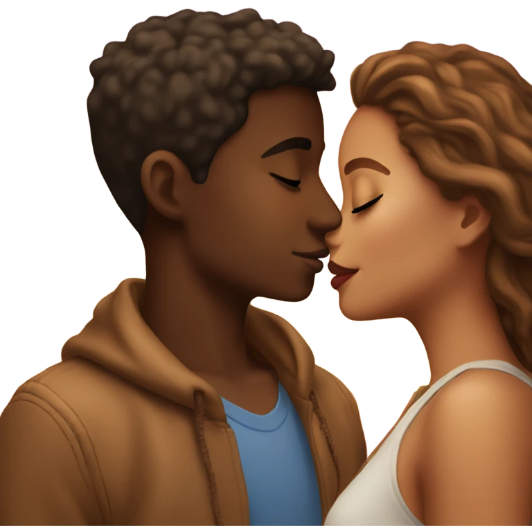 a light skin girl and and a brown skin boy kissing in the sunset emoji