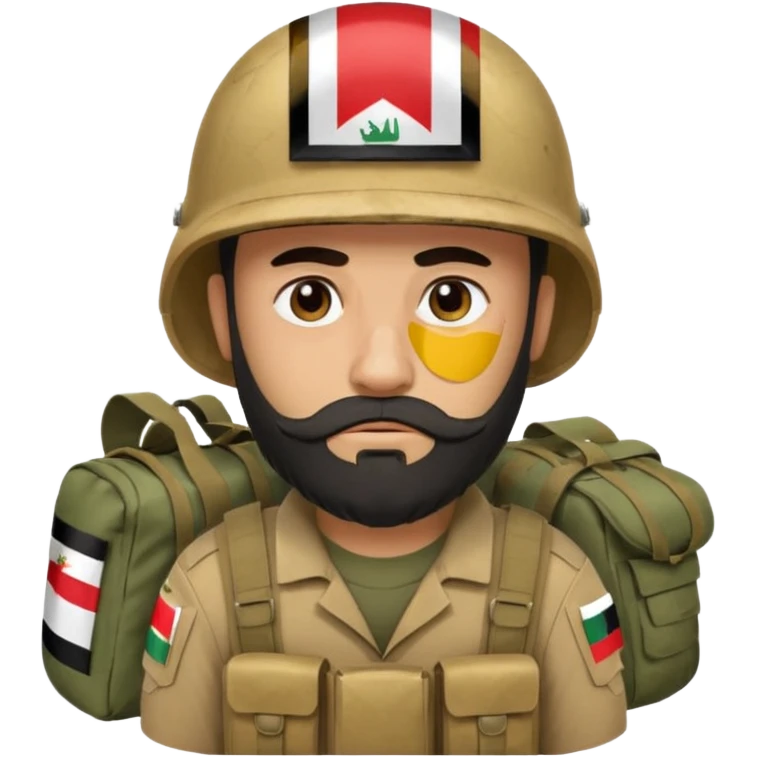 A very tired and sad, swarthy Iraqi soldier with a beard, an Iraqi flag on his helmet, a sad expression and bags under his eyes emoji