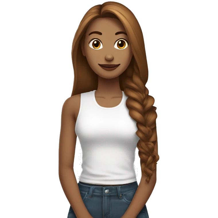 una mujer cabello largo y color marron, blanca con unos tatuajes en los brazos, vestida deportiva emoji
