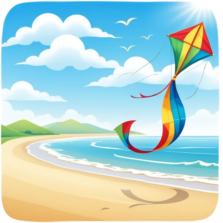 A colorful kite soaring high in the sky on a sunny day, with a long, flowing tail trailing behind. The background features an open field or beach, capturing the joy and freedom of flying kites, with gentle winds and a peaceful atmosphere. emoji
