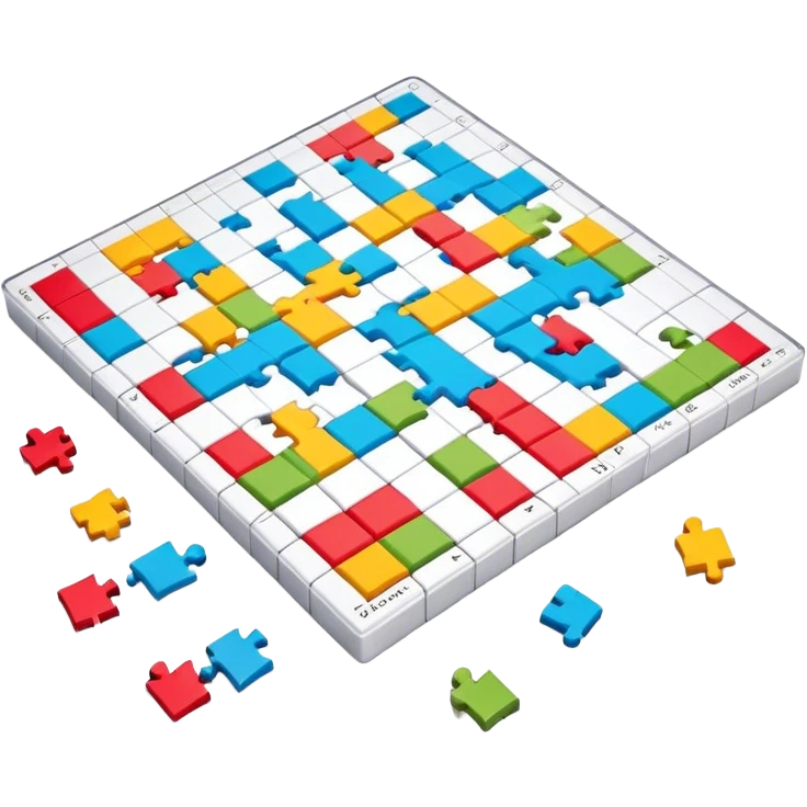 A photorealistic icon with a colorful, fragmented crossword magazine, a 3D puzzle, and a partially completed puzzle on a table. Bright, detailed design with realistic lighting. Transparent background, clearly symbolizing puzzles and brain games. emoji
