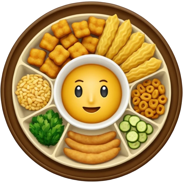 Plato redondo visto desde arriba con chicharrón crujiente dorado, acompañado de arroz frito con vegetales (zanahoria, arvejas, cebollín) y pequeños cubos de colores, emoji