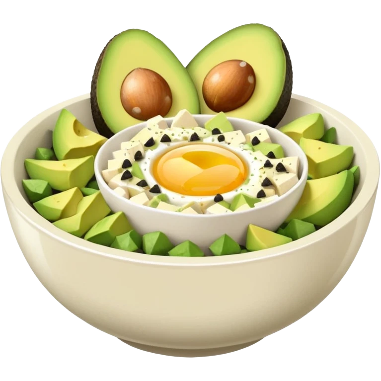 a bowl with egg whites, tofu cubes, and avocado slices emoji