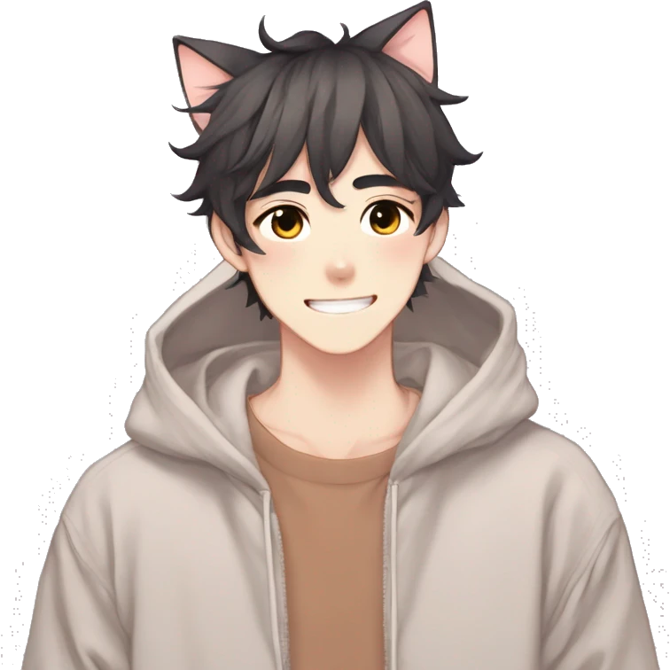 Gorgeous anime style shojo guy with cat ears and blushing face and hoodie aesthetic trending style outside emoji