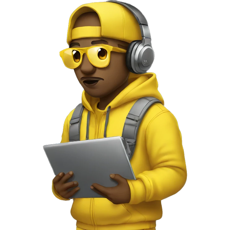 rapper wearing yellow with a mackbook emoji